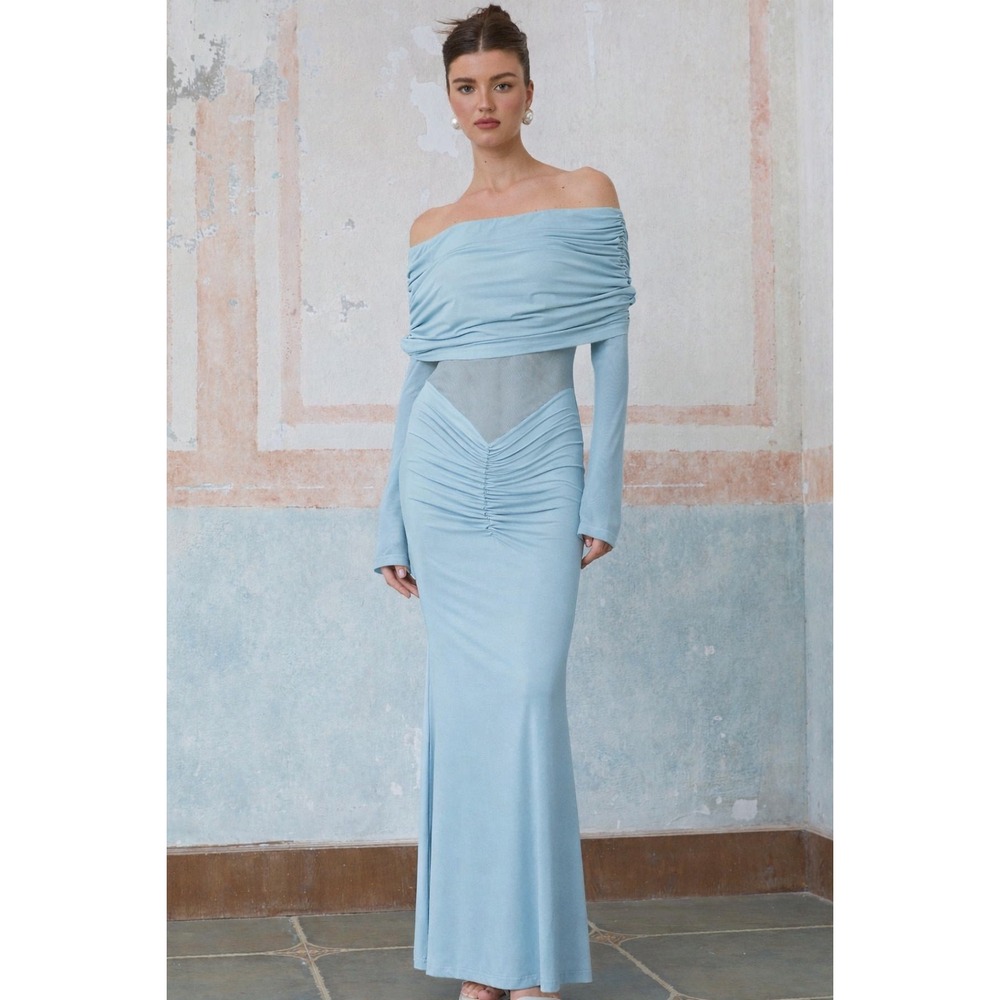 Off-Shoulder Light Blue Maxi Dress
